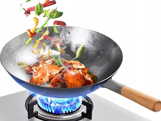 Handgesmede Wok 40cm – Stalen Wok met Houten Handvat – Gasfornuis