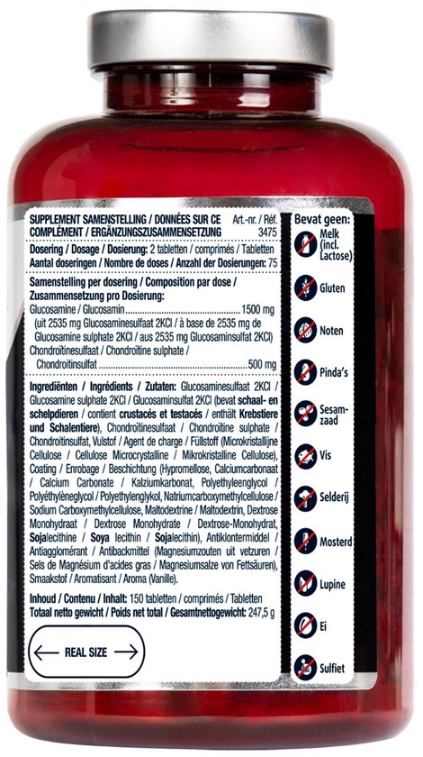 Rode pot met een etiket met gedetailleerde ingrediënten, dosering en allergeneninformatie voor Lucovitaal Glucosamine Chondroïtine.
