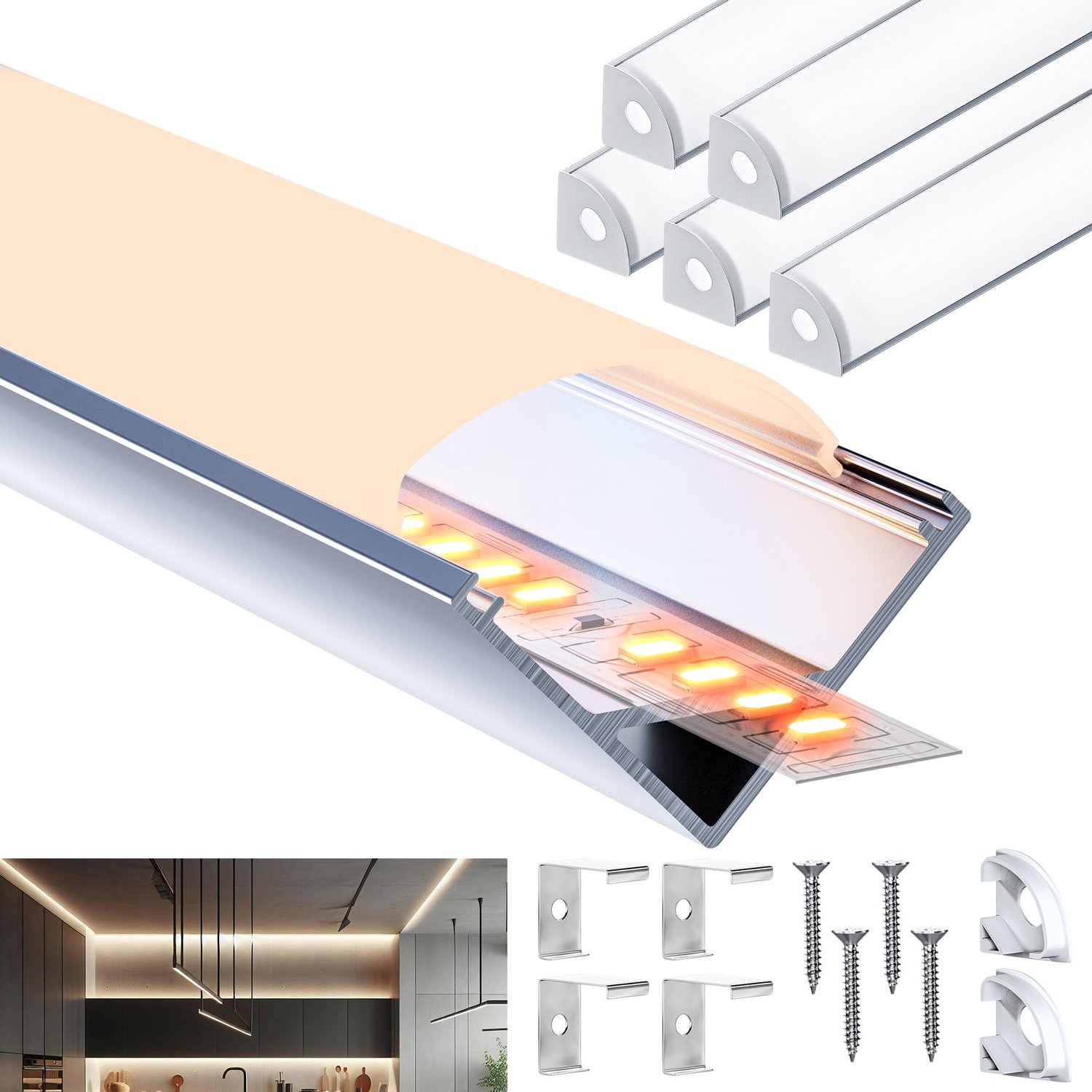 Riserva-LED Profiel-Natuurlijk Aluminium Profiel voor LED Strip-Met Acryl Diffuser-Bevestigingsaccessoires inbegrepen-2m 5 Stuks