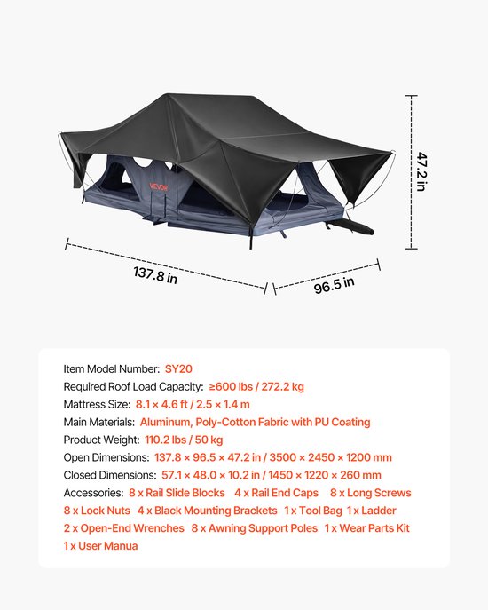 VEVOR Hard Shell Daktent voor 2-3 Personen, Opvouwbare Aluminium Kampeertent met Driekleurige LED-Verlichting, Dik Matras en 10 Ramen, Waterdicht en Winddicht, voor Jeep, SUV en Pick-Up — afbeelding 5