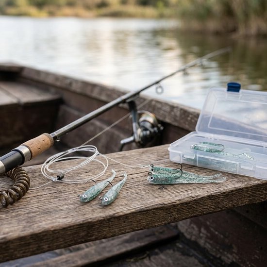 Grijs transparant kunstaas 20 stuks – zachte visvormige shads met glitters en enkele haken – soft bait vis aas met gespleten staart voor zoetwater zoutwater roofvissen en hengelsport — afbeelding 3