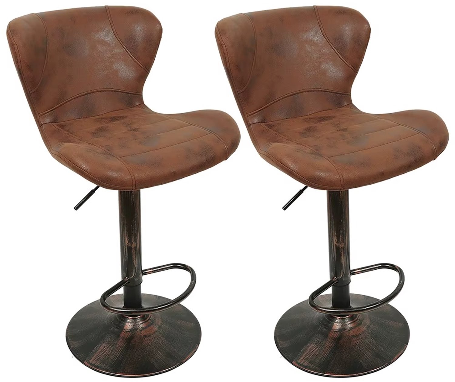 Whoopr® Set van 2 Retro Barkrukken – Bruine Kunstleren Barstoelen met Rugleuning – In Hoogte Verstelbaar & Draaibaar – Met Voetsteun voor Keuken, Kookeiland & Bar
