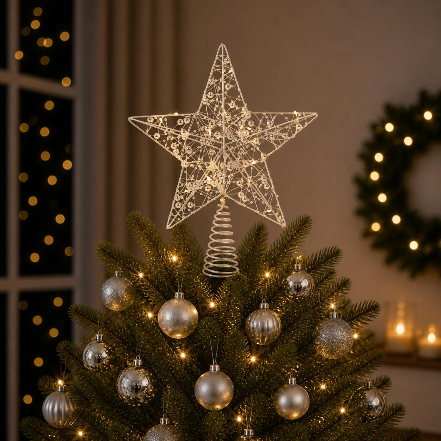 Lumineo Verlichte kerst piek - ster vorm - zilver - micro led lampjes - warm wit - H27 - pieken - kerstboompiek