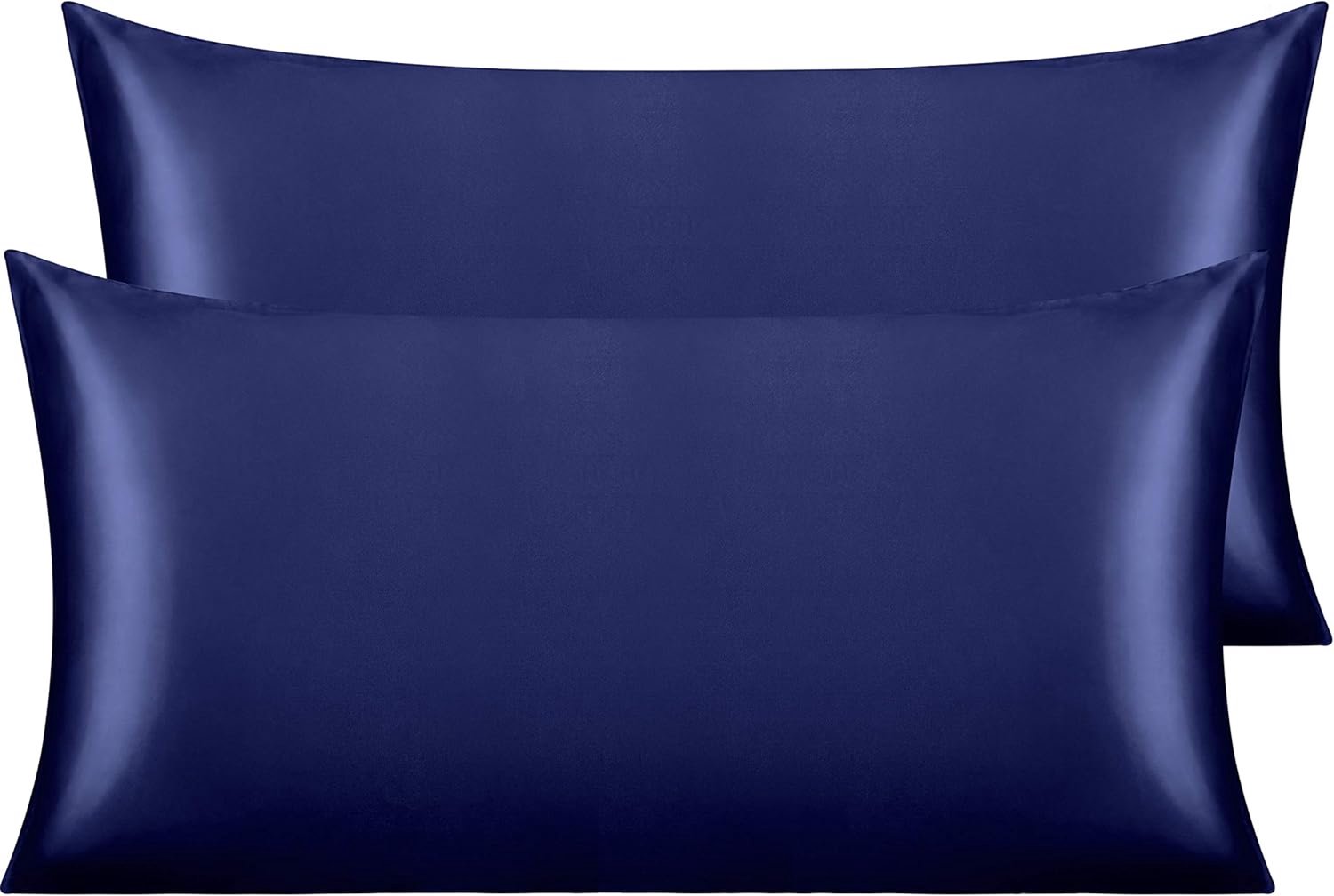 Famanu - Satijnen kussenslopen 50x90 cm marineblauw set 2, zijdeachtig satijn voor haar en huid, envelopsluiting glad en ademend