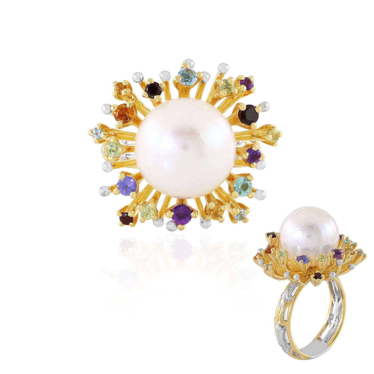 Cavill - 925 Sterling Zilver Damesring - 12 mm Witte Zoetwaterparel - 0,737 ct Amethist, Tanzaniet & Fluorapatiet - Elegant & Kleurrijk