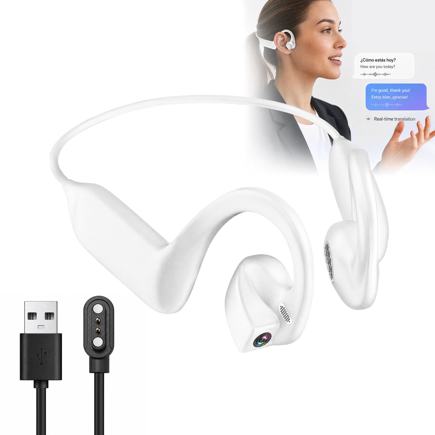 Rayofi draadloze oordopjes bluetooth - Open-ear Sporthoofdtelefoon – Bone Conduction - Kan foto's maken en video en audio opnemen – voorzien van AI-spraakbesturing - noise cancelling koptelefoon - wit