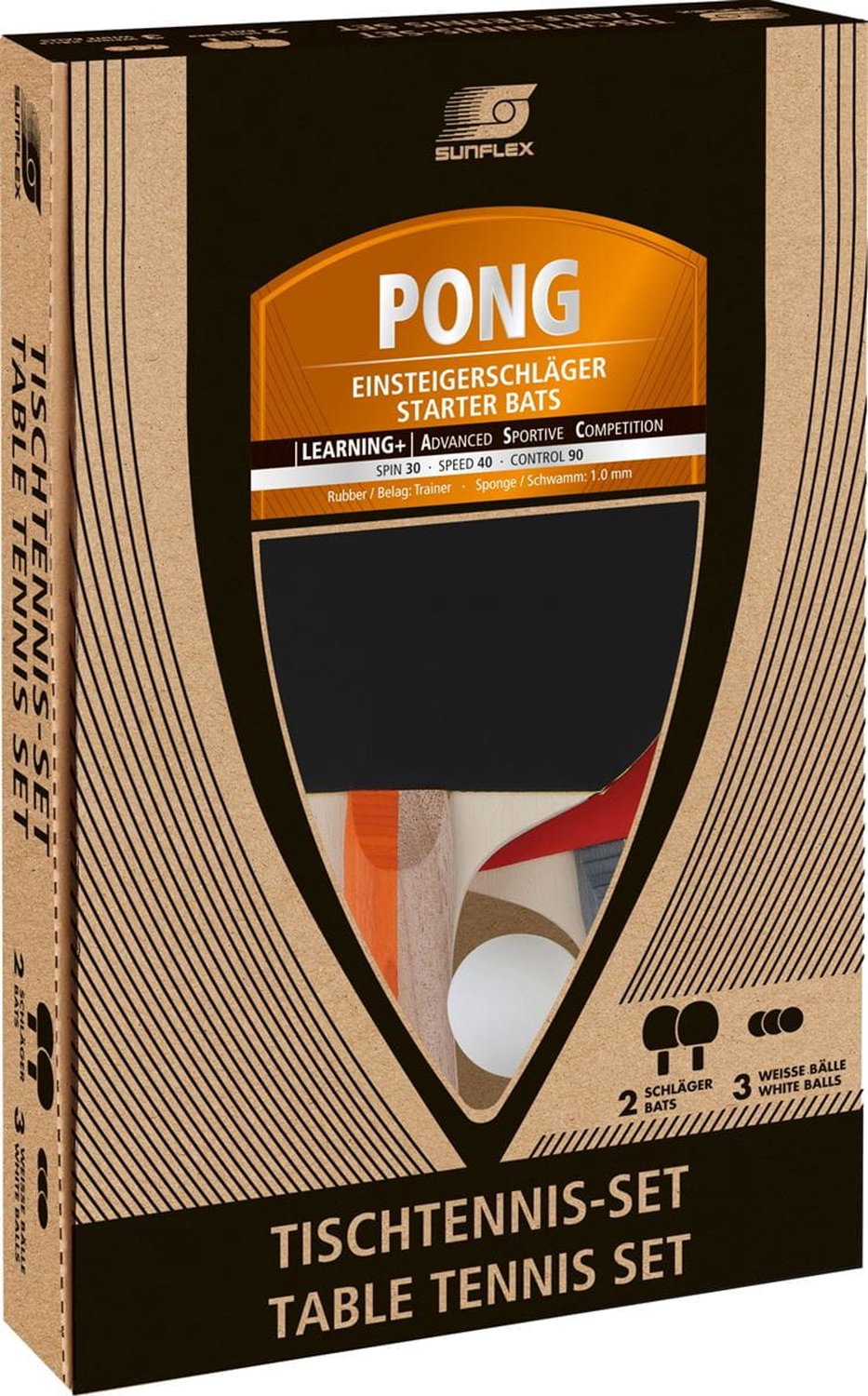 SUNFLEX Pong Tafeltennis Set met 2 Batjes en 3 Ballen