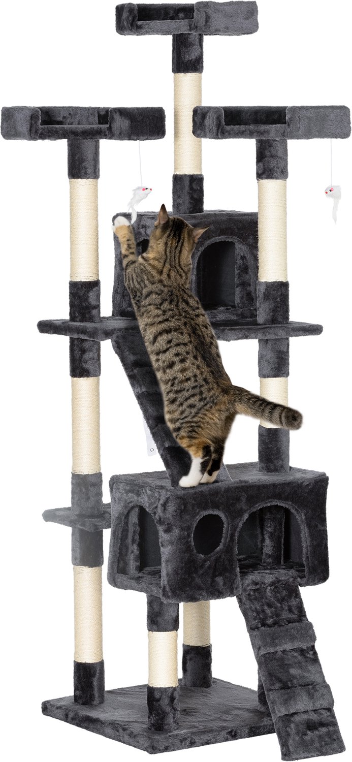 Pawona Krabpaal met kattenhuisjes en ligplateaus - Met sisal en pluche - 49 x 49 x 173 cm - Grijs