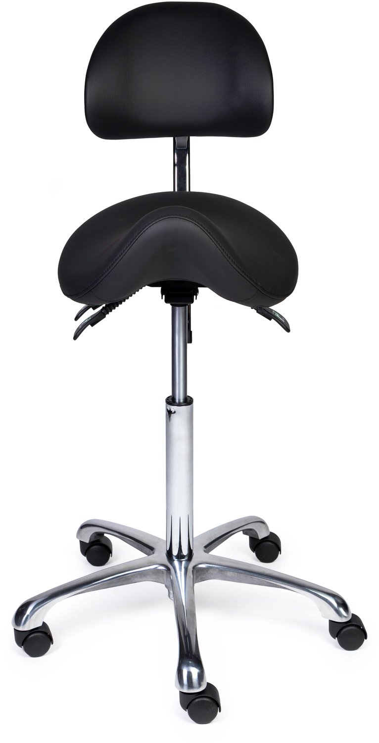 Ergonomische Zadelkruk met Rugleuning Premium Zwart op Wielen Lage uitvoering (45-58cm) / Zonder voetensteun / Standaard wielen
