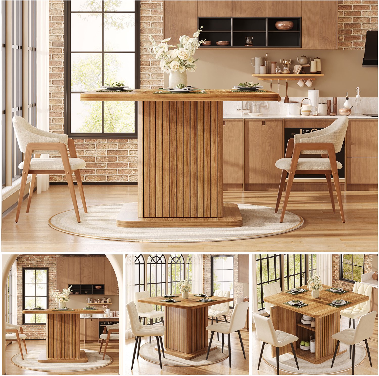 Clruro Eettafel - 80×80×76 cm - Vierkant - Opbergkast met Ribbeldeuren - MDF - Donkerbruin Hout