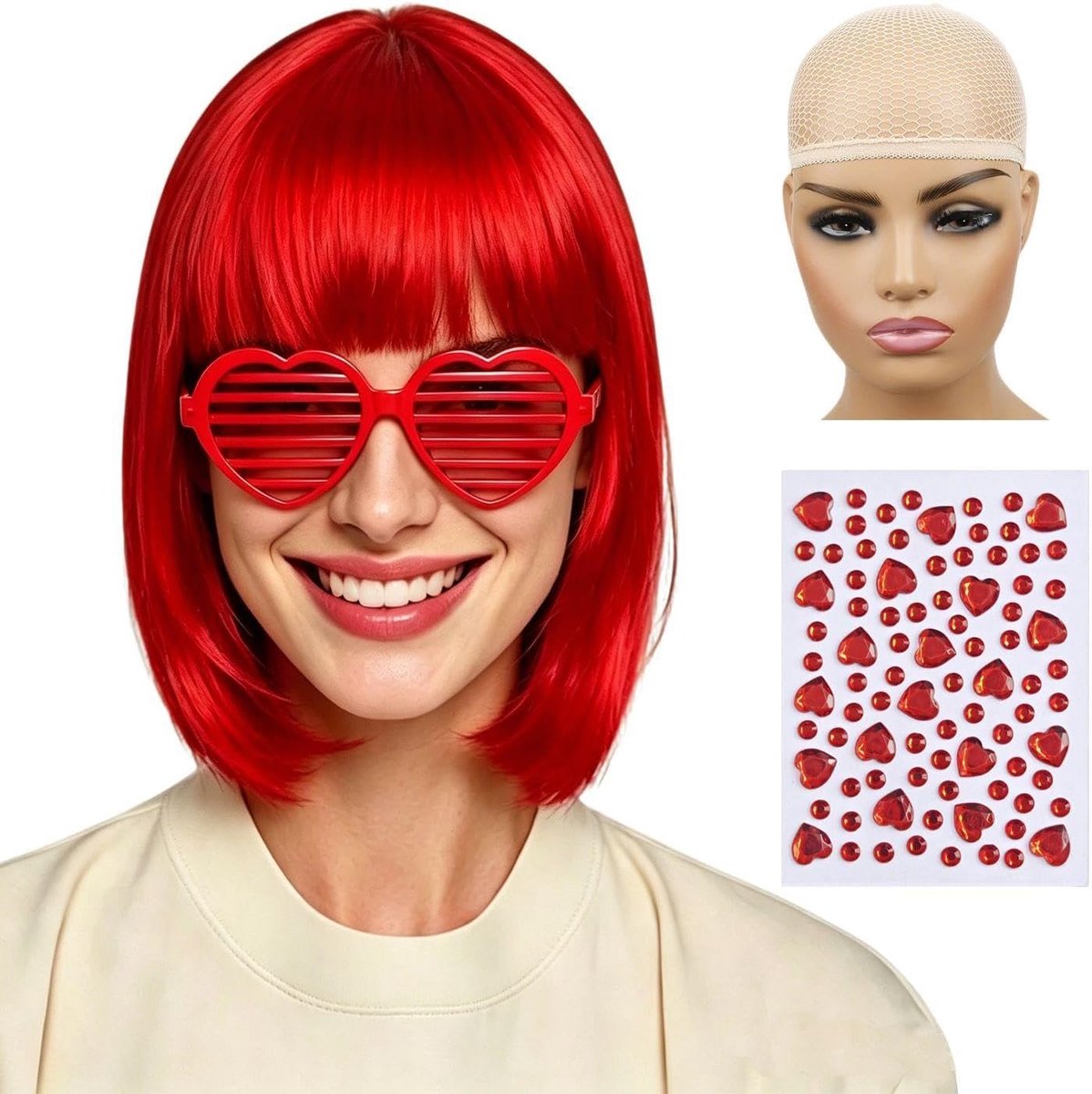 1 Rode Korte Pruik, 1 Elastisch Haarnetje, 1 Hartvormige Holle Bril, 1 Hartvormige Gezichtssticker, Geschikt Voor Maskeradefeesten En Rollenspellen.