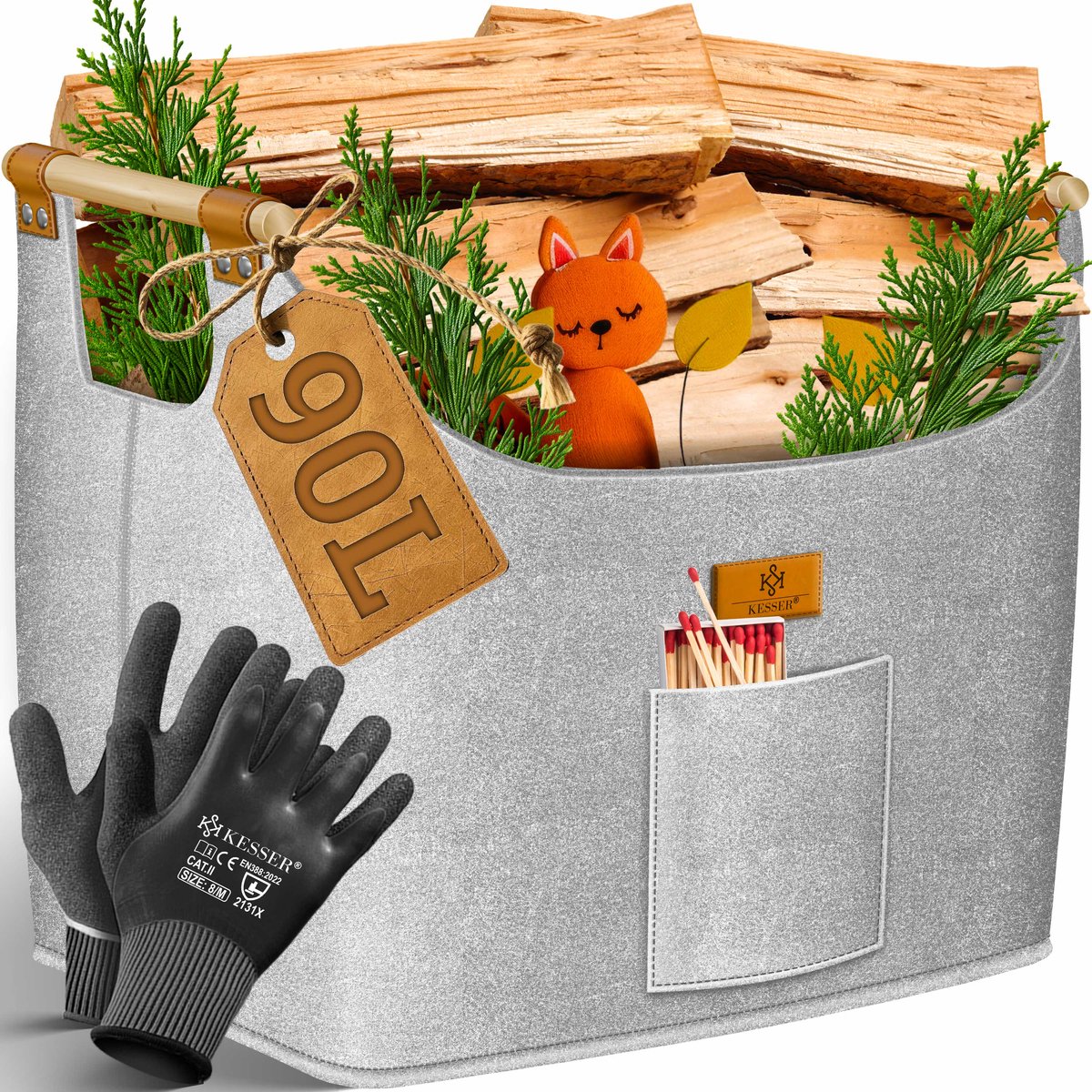 KESSER® Brandhoutkorf 60 Liter - Extra dik vilt - Opvouwbaar met houten grepen - Lichtgrijs