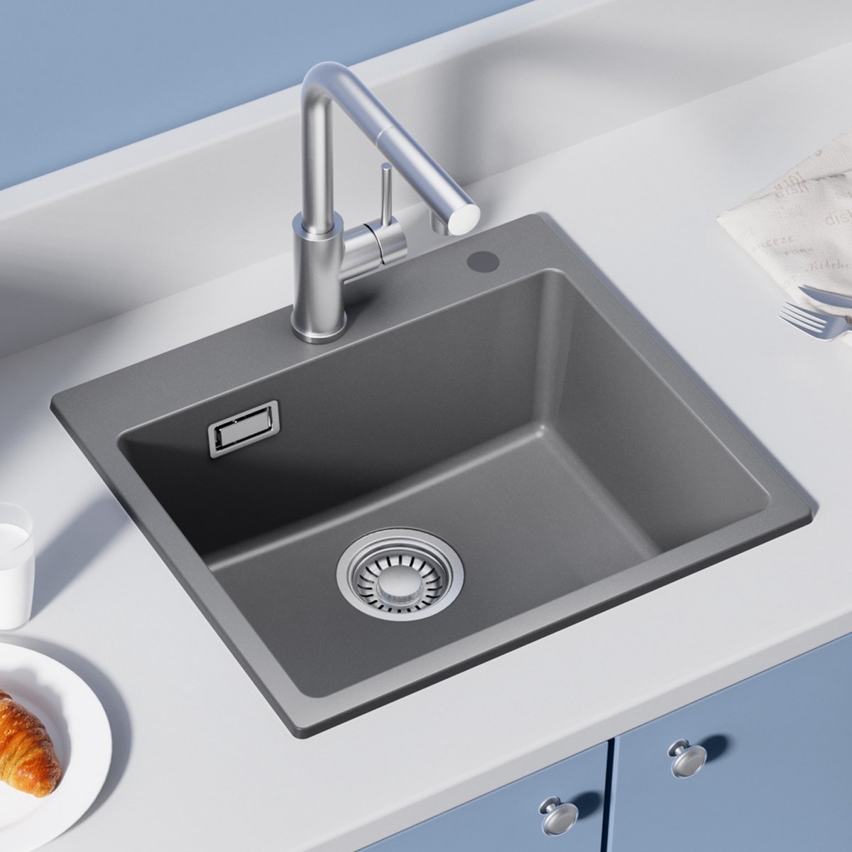 CECIPA Max Spoelbak Grijs 50×45 cm - Graniet Spoelbakken Keuken - Enkele Spoelbak - Spoelbakken Incl. Sifon en Afvoerzeefje