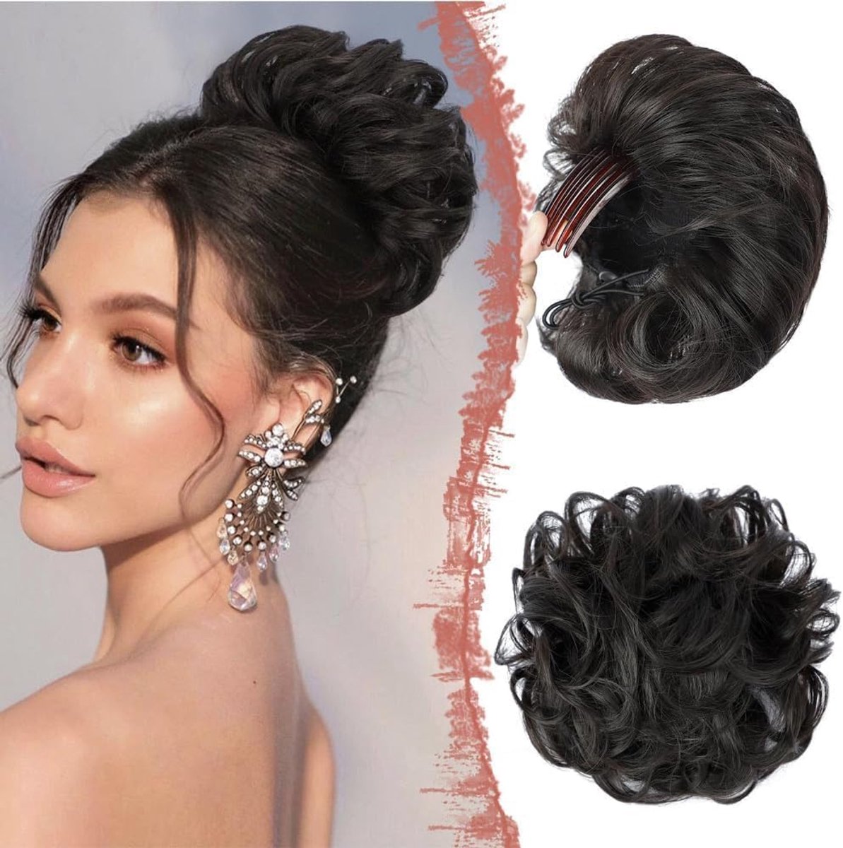 Messy bun haarstuk - krullend - donkerbruin - volumineus opgestoken kapsel - ShopVlot