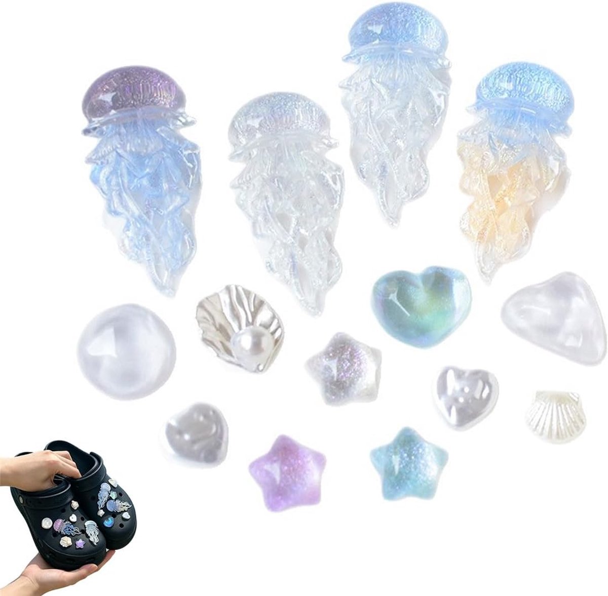 Set van 14 kwallen decoratie, figuren zeedieren, harskristal, voor crocs, doe-het-zelf sieraden, knutselaccessoires - ShopVlot