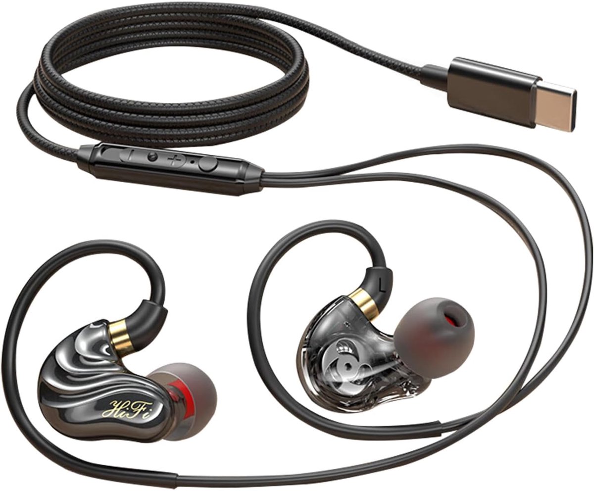 SnelShoppen - USB C Dual Driver Earphones met Draad en Oorklem, Sport Wired Earbuds met 1.2 Meter Kabel, In Ear Hoofdtelefoon voor Telefoon, Laptop, P