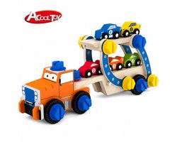 Acool Toy - Houten Bouwvrachtwagen met Schroeven & Moeren – 5 Raceauto's – 3+ - racewagen