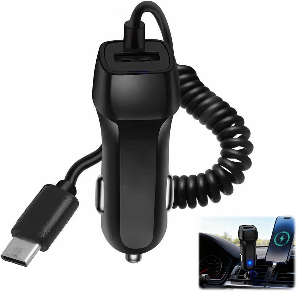USB autolader 1m - Type-C oplaadkabel - 2 poorten - snel opladen tot 3.1A - ShopVlot