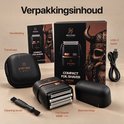 Inhoud van de verpakking van het Viking Mini scheerapparaat: scheerapparaat, reisetui, beschermkap, USB-C kabel en borsteltje.