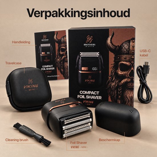 Inhoud van de verpakking van het Viking Mini scheerapparaat: scheerapparaat, reisetui, beschermkap, USB-C kabel en borsteltje.