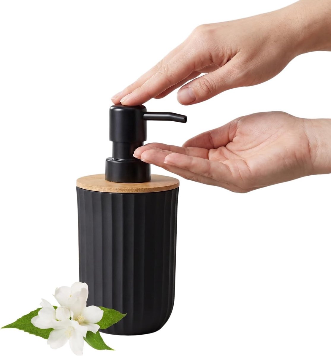 Moderne zeepdispenser, mat zwart, 350 ml, navulbare afwasmiddeldispenser van PP en bamboe, zeepdispenser met - ShopVlot