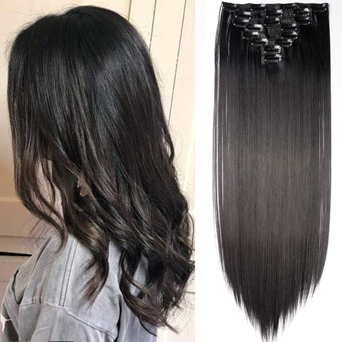 Clip-In Hair Extensions 66 cm - Echte haren - Zwart - Ideaal voor volume - ShopVlot