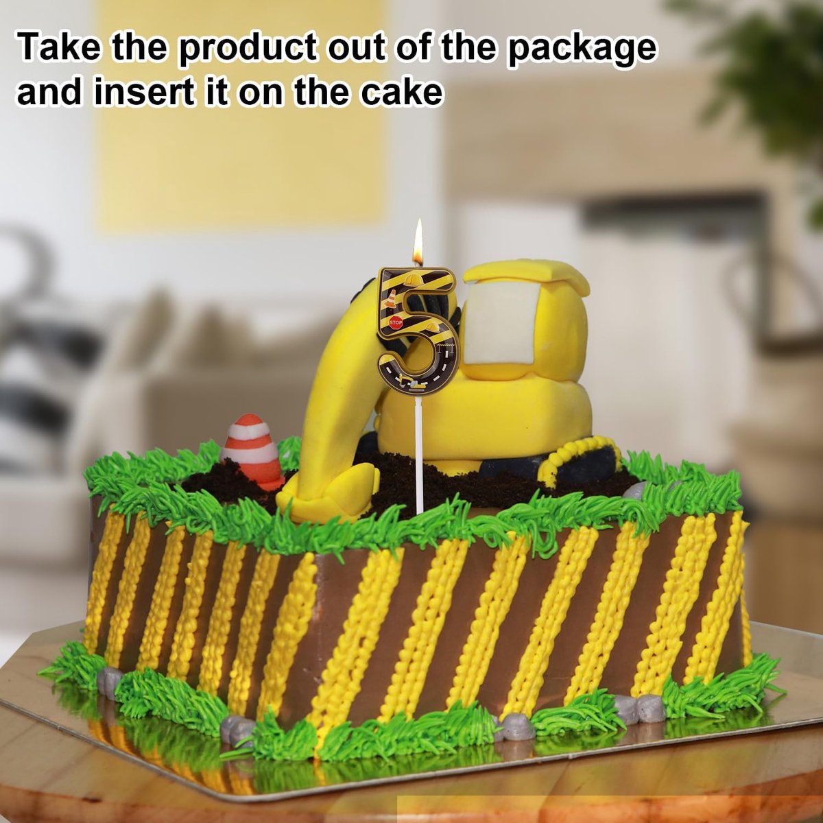 Verjaardag Nummer Kaarsen, Geel & Zwart Gestreepte Cake Bouw Thema Feestdecoraties voor Diploma Jubileum Viering (Nummer 5)