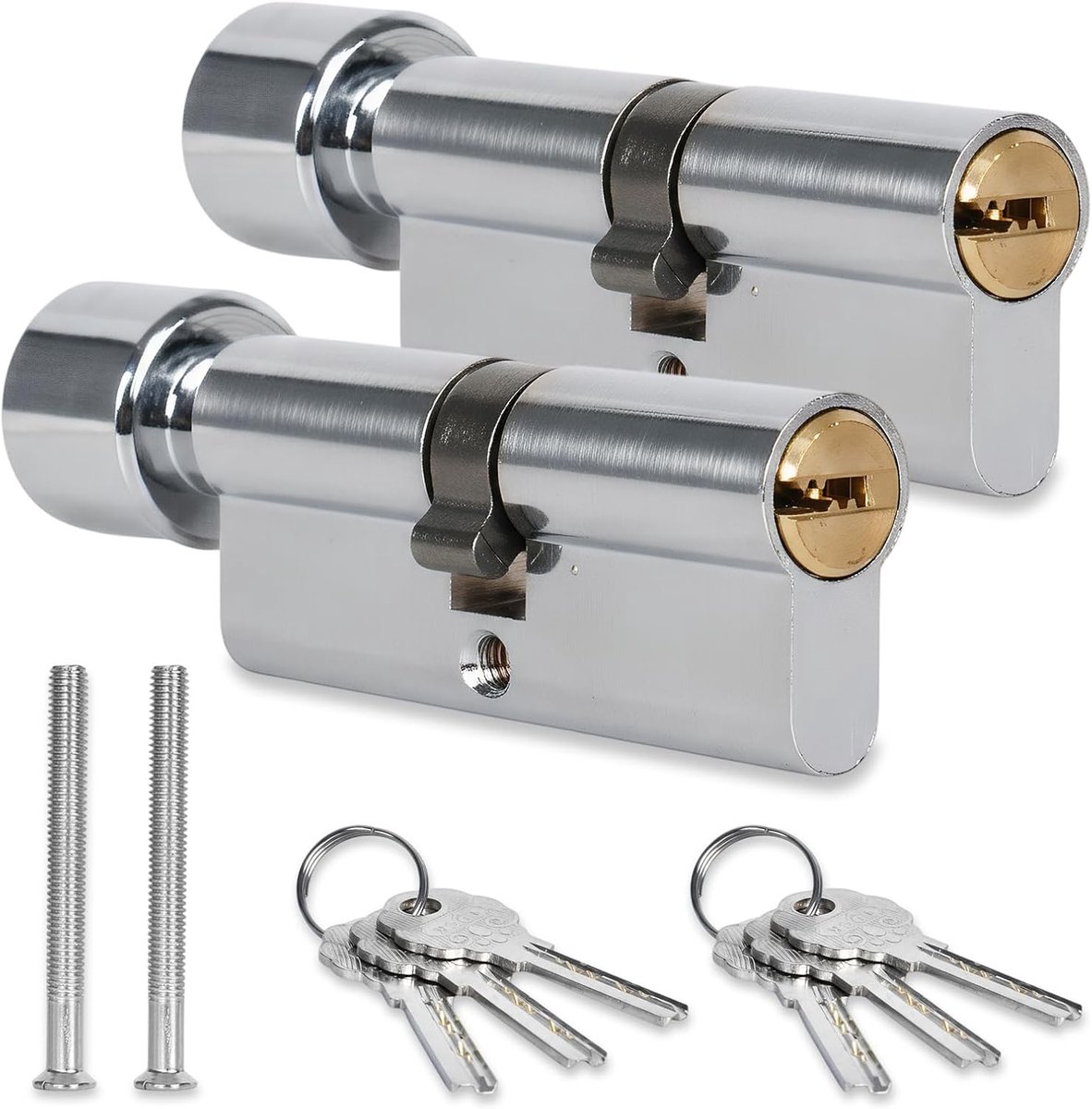 Sluitcilinder met knop, 30/30 mm, 2 stuks, eurocilinder, messing cilinder, veiligheidsslot met 3 sleutels, diefstalbeveiliging, boorbeveiliging, reserveaccessoires