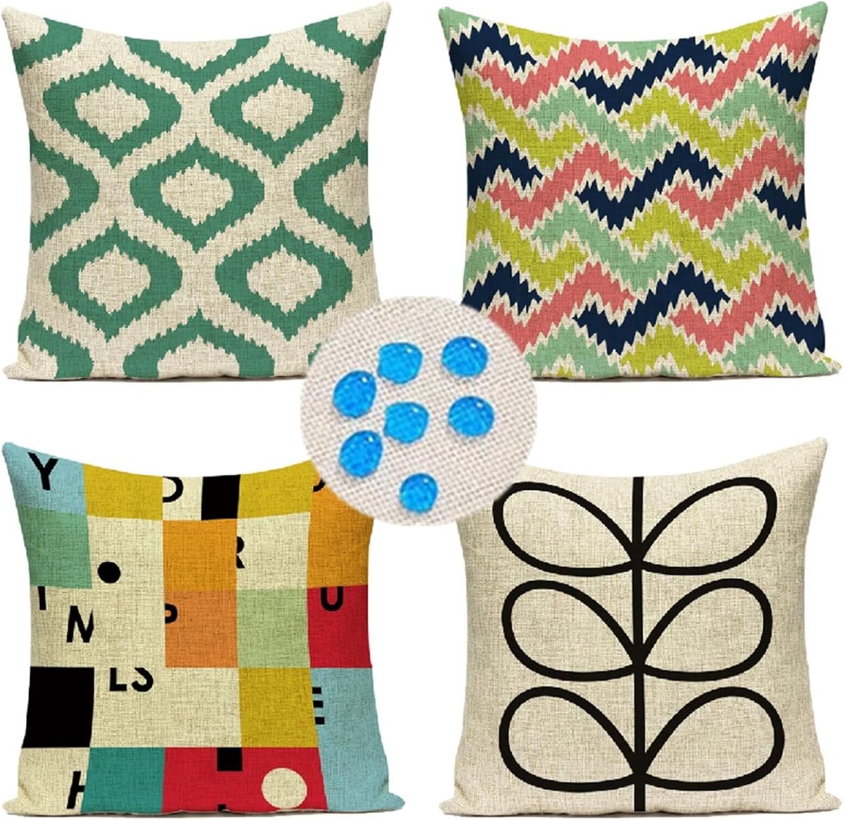 Kussensloop, kleurgeometrie, kussenhoes, 70 x 70 cm, set van 4 decoratieve kussenhoezen, linnen, bankkussen, luxe kussenslopen voor woonkamer, tuin, outdoor