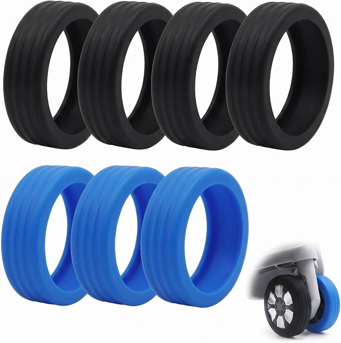 8 stuks siliconen wielbeschermers voor kofferwielen, geluidsreductie en antislip bagagewielbescherming, universele wielbescherming voor reiskoffer, 4 x zwart + 4 x blauw