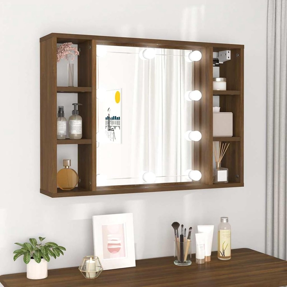 Spiegelkast met led, acrylspiegel en houtmateriaal, 76 cm breed, bruin eikenlook, voor badkamer en kleedkamer
