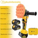 Gele haakse slijper met schuim spons op de as, twee 21V accu's en een gele koffer. Productinformatie: Spanning 21V, Vermogen 2500W, Kleur Geel, Accessoires 25 stuks, Spindeldiameter M14.