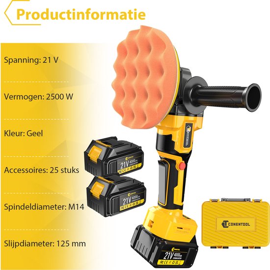 Gele haakse slijper met schuim spons op de as, twee 21V accu's en een gele koffer. Productinformatie: Spanning 21V, Vermogen 2500W, Kleur Geel, Accessoires 25 stuks, Spindeldiameter M14.