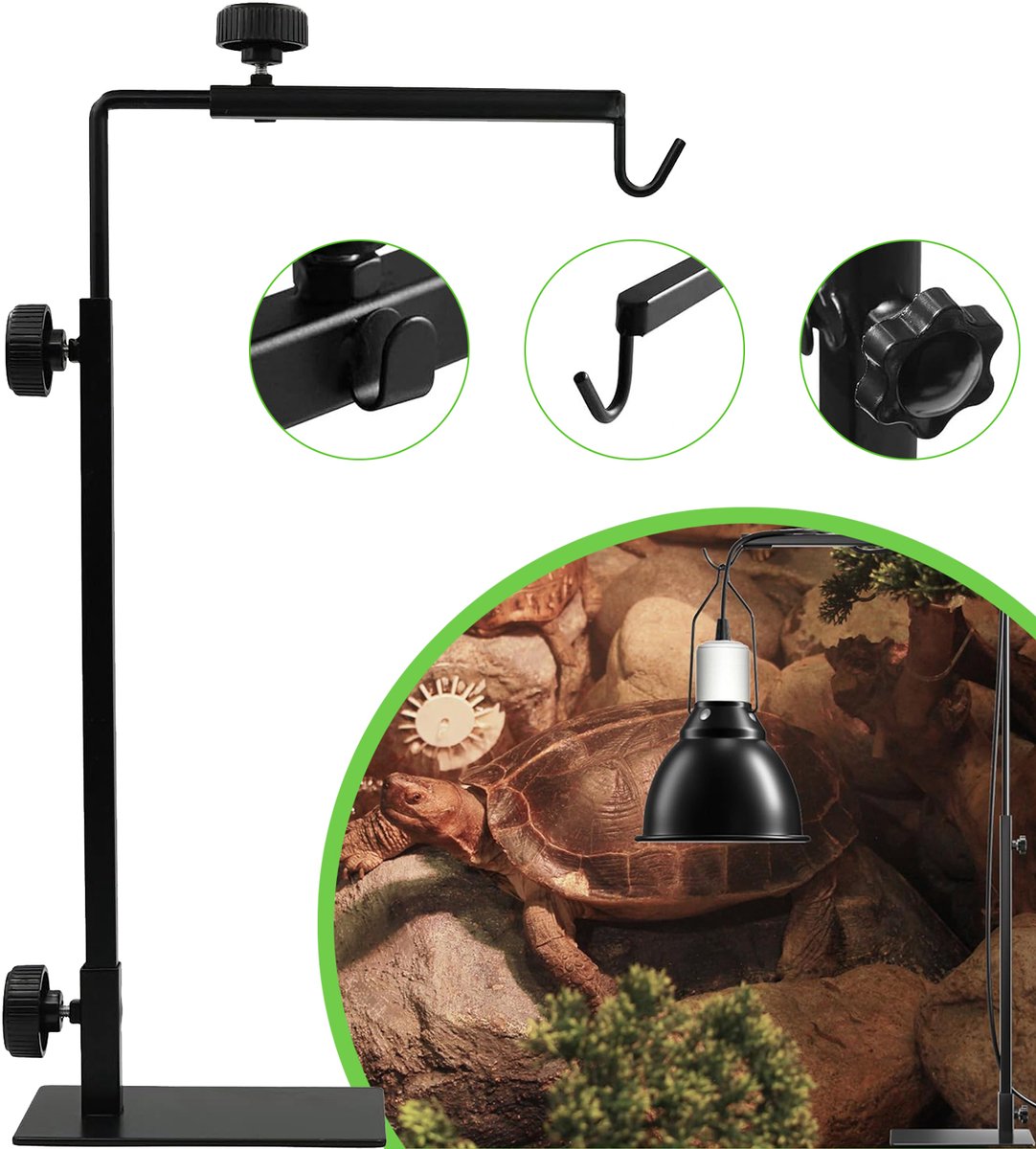 Verstelbare Lampvoet Voor Reptielen Met Ophanghaak – Uitbreidbare Breedte En Hoogte – Stevig IJzeren Frame En Snelle Schroefverstelling – Universeel Voor Vivarium En Terrarium