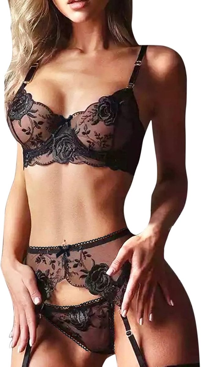 Sexy lingerieset voor dames, uitgescheurd, nachthemd, satijn, fijn mesh, push-up-effect, gekruiste veters, verleidelijke look, A165