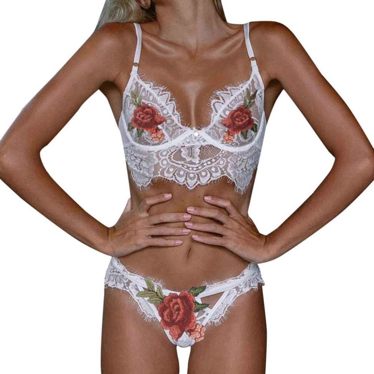 Lingerie Dameslingerie Dames Diepe V-hals Sheer Lace Lingerie Sexy Nachtkleding 2-delig-white_s