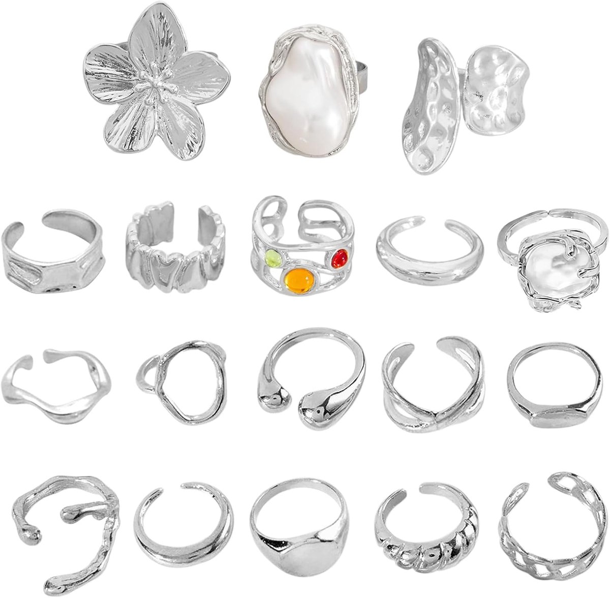 Ringen, vintage, verstelbaar, zilverkleurig, stapelbare ringen, dikke koepel, gevlochten en gedraaid, modieus, roestvrij staal, voor vrouwen en meisjes