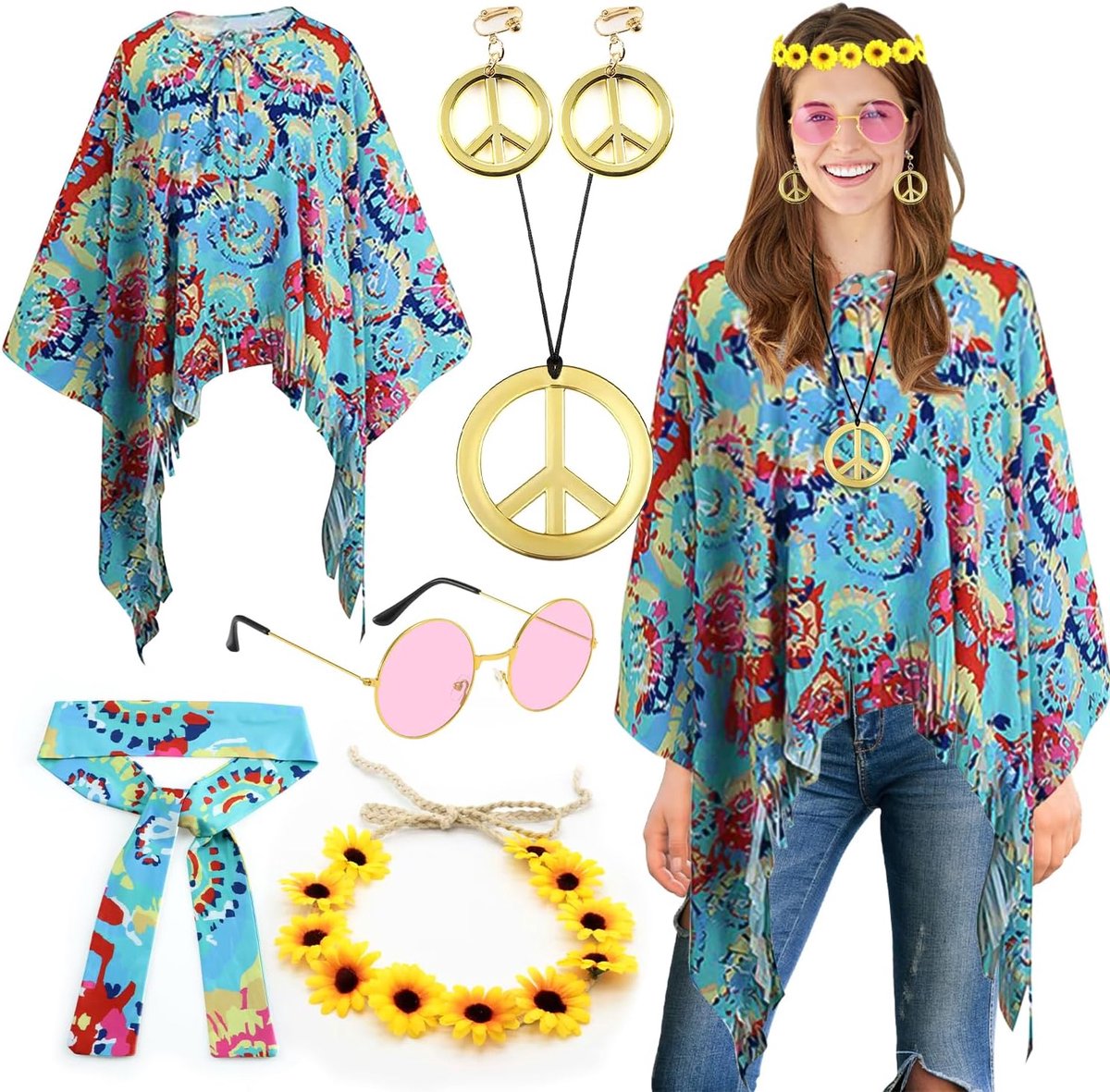 6 stuks hippiekostuum damesjurk, discotheekjurk, hippie jaren 70, hoofdband, bloemenkrans, halsketting, oorbellen, vintage bril, accessoire voor dames, Halloween-kostuum