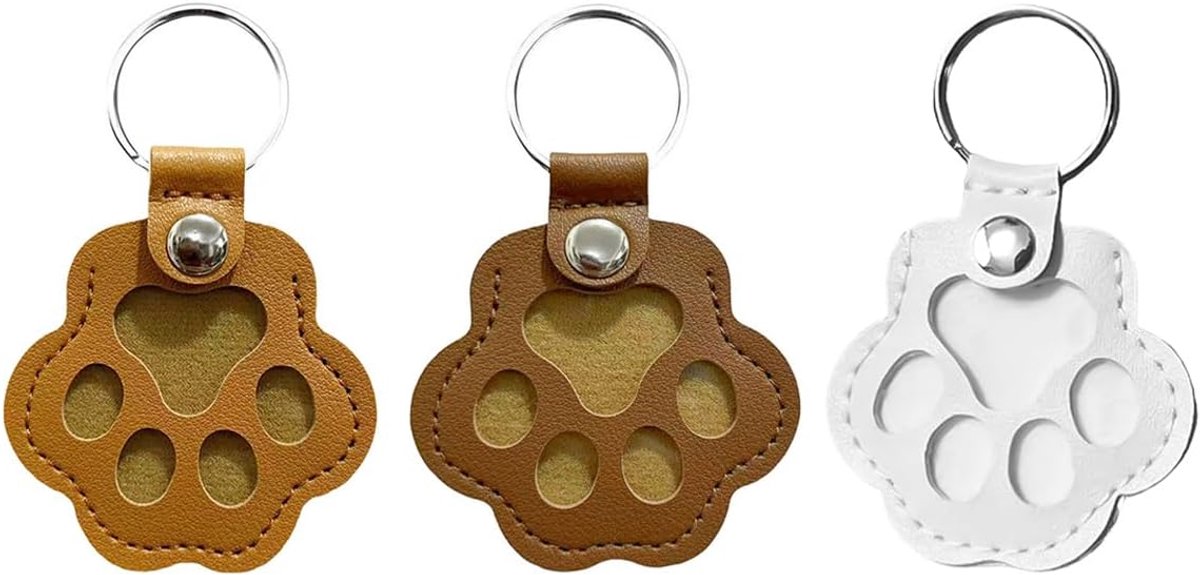 3PCS Pet Memorial Geschenken voor katten Honden, Gepersonaliseerde Hond Bont Keepsake Hond Sleutelhanger, Poot Gevormde Leren Huisdier Sleutelhanger (Wit + Kaki + Brwon)