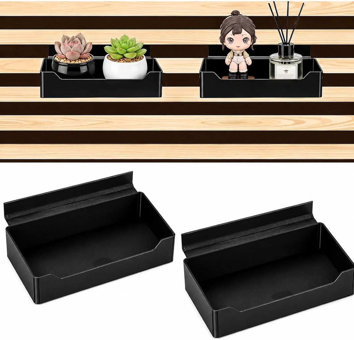 Wandplank Set van 2: Zwarte Floating Shelf voor Geluidspanelen, Multifunctionele Plantenaccessoires voor Woonkamer en Slaapkamer, Decoratieve Wandplank voor Planten en Accessoires