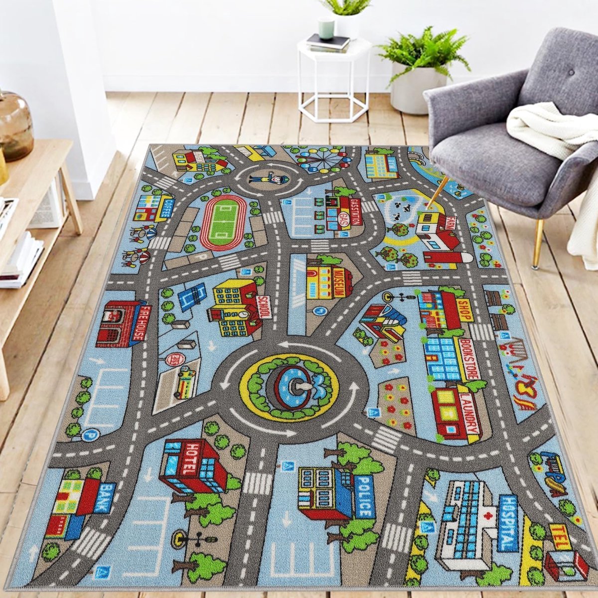 Autotapijt voor kinderen, 100 x 160 cm, antislip, kindertapijt, stadsplan, interactief speeltapijt, wasbaar, creatieve pedagogische speelmat voor kinderen, tieners, kinderkamer, speelkamer