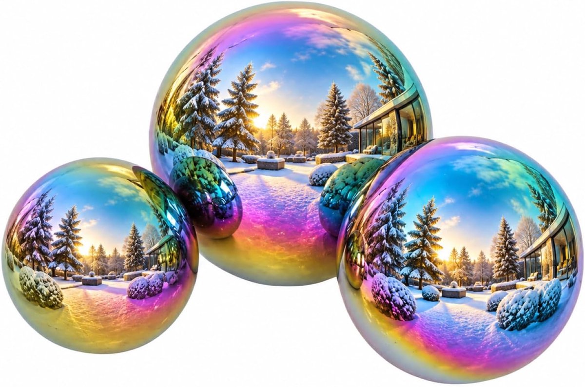 Jojofuny 3 stuks holle roestvrijstalen ballen met gekleurd spiegeloppervlak, decoratieve hoogglans gepolijste tuinballen in verschillende maten, 100 mm, 120 mm, 150 mm, voor buiten en woonkamer