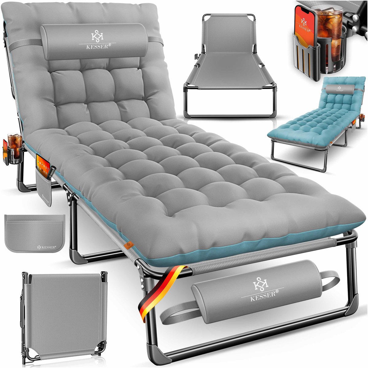 KESSER® Campingbed - Opvouwbaar veldbed met draagtas en nekkussen - 190 x 68 x 30 cm - tot 250 kg - Grijs Steenblauw
