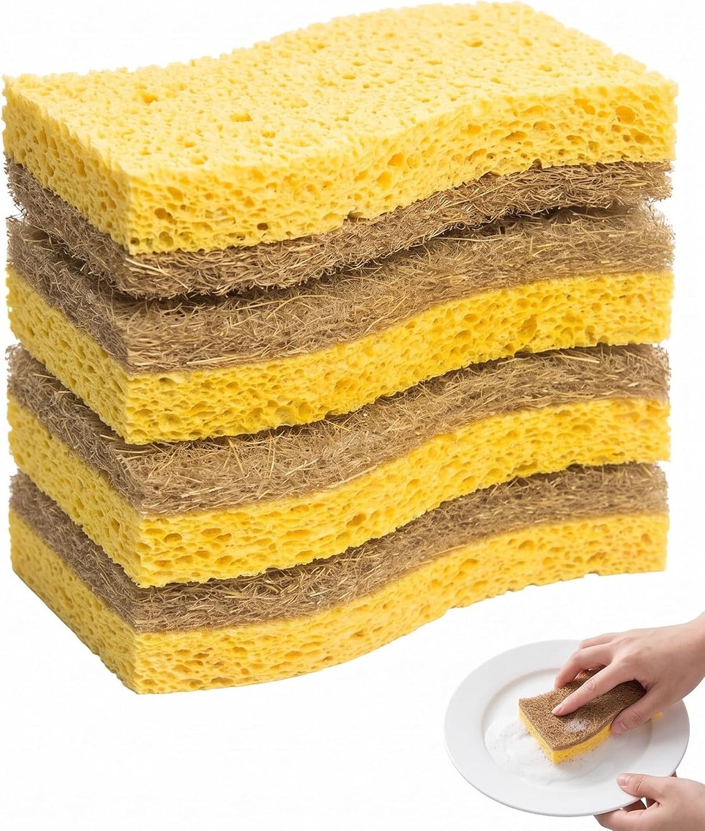 Sponzen, 4 stuks, kokosvezel in S en krasvrije cellulose, duurzame en biologisch afbreekbare reiniging voor potten, pannen en gevoelige glaswaren, en efficiënt