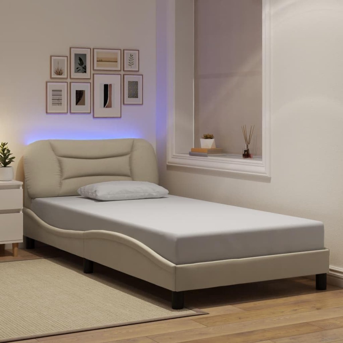Familiebed, tweepersoonsbed, slaapkamermeubel, bedframe met led, zonder matras, crème, 100x200 cm, stof