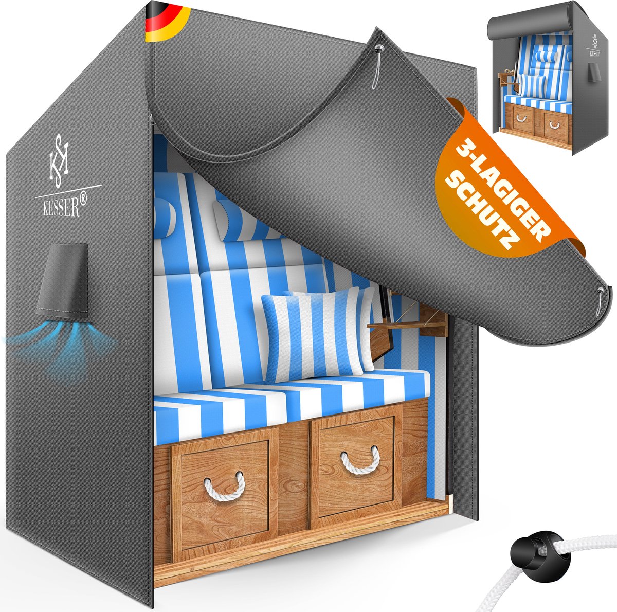Kesser Strandkorf Beschermhoes 135 x 105 x 175 cm - Strandstoel Hoes / Tuinmeubelhoes Waterdicht 600D Oxford, UV-bestendig - Grijs