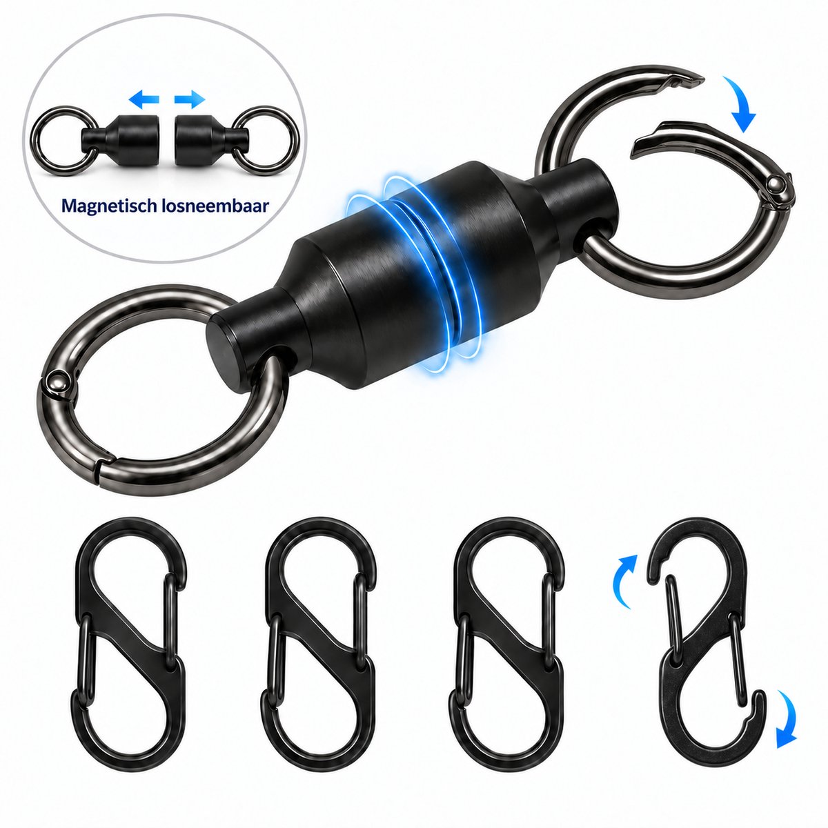 8-Delig Afneembare Magneet Sleutelhanger - Deelbare sleutelhouder - Quick Release Auto Sleutelhouder - Snel & Eenvoudig Keychain met Karabijnhaak, Musketonhaak, Sleutelringen - Autosleutel voor Vrouwen, Mannen, Dames - Karabijnsluiting Sleutel hanger