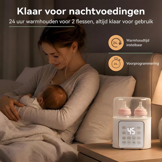 Digitale flessenwarmer voor 2 flessen - 10-in-1 babyflesverwarmer met 100 °C stoomsterilisatie, 24-uurs warmhouden, timer en ontdooien - 220 W - BPA-vrij PP - Wit - Voorkomt droogkoken - Melkbereiding, ontdooien, eieren koken - Voor 2 flessen — afbeelding 3