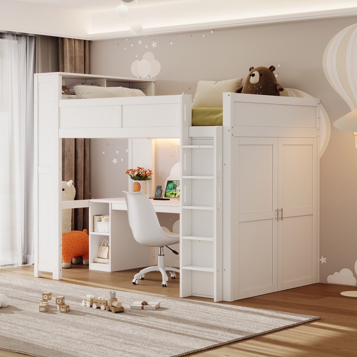 Pugsdrly 90x200 hoogslaper met bureau, opbergvakken, kledingkast, USB-aansluiting en LED-verlichting, wit.