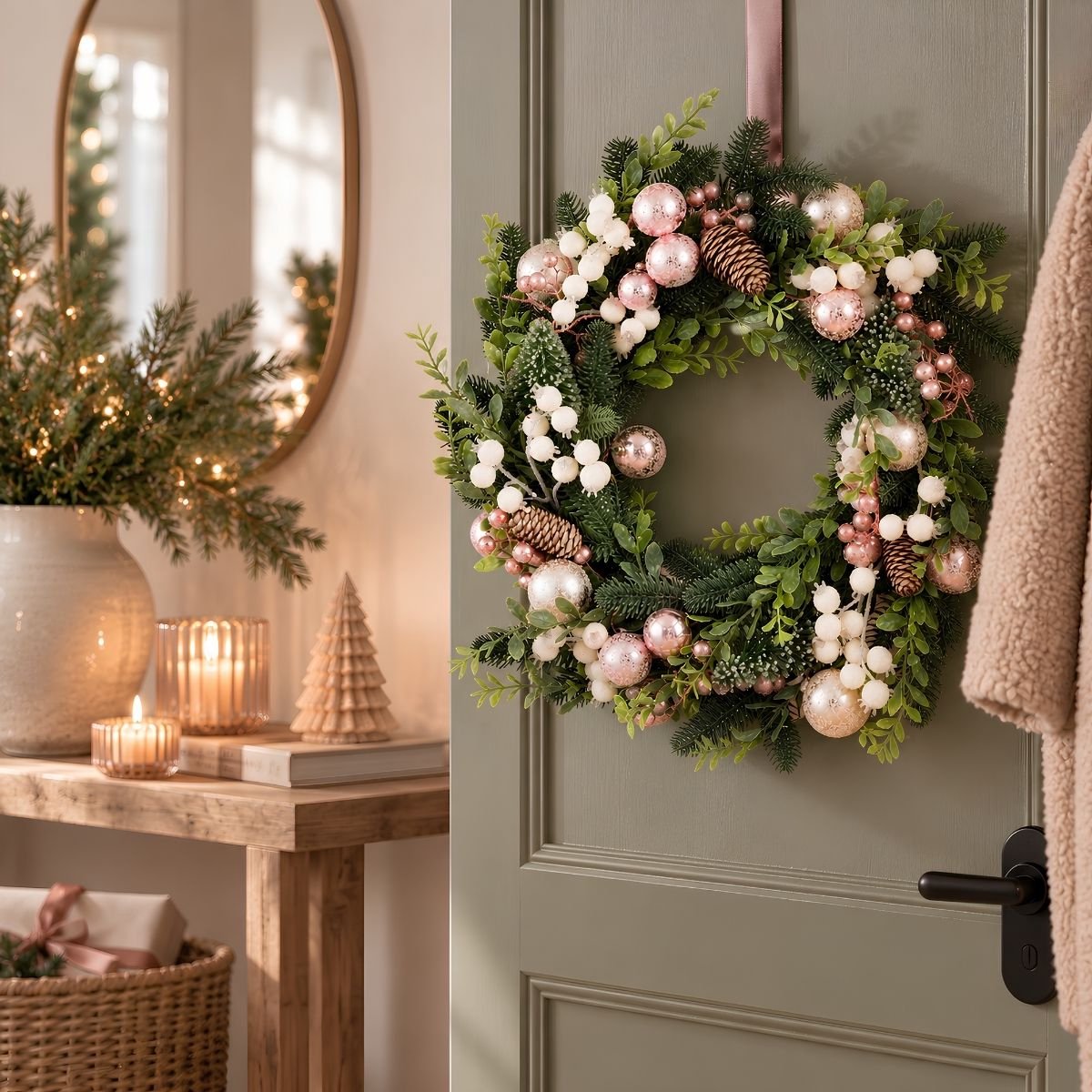 Mica Decorations Rosalie Kerstkrans Roze met Groene Dennentakken - Kerstkrans met Roze en Witte Kerstballen - Decoratieve Krans voor Deur, Muur of Tafel - H11 x Ø50 cm – foto 8
